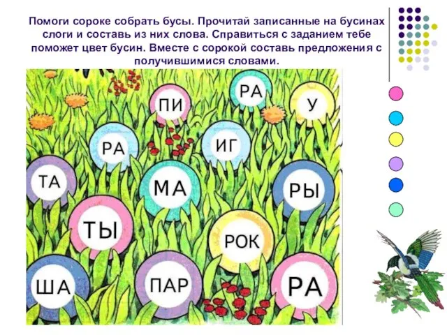 Помоги сороке собрать бусы. Прочитай записанные на бусинах слоги и составь из