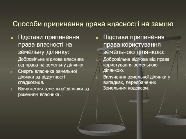 Способи припинення права власності на землю Підстави припинення права власності на земельну