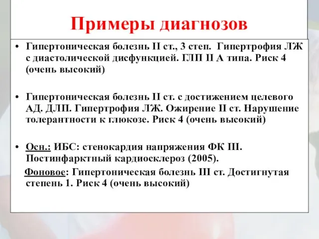 Примеры диагнозов Гипертоническая болезнь II ст., 3 степ. Гипертрофия ЛЖ с диастолической