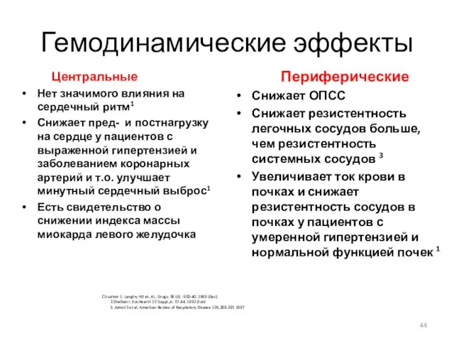 Гемодинамические эффекты Центральные Нет значимого влияния на сердечный ритм1 Снижает пред- и