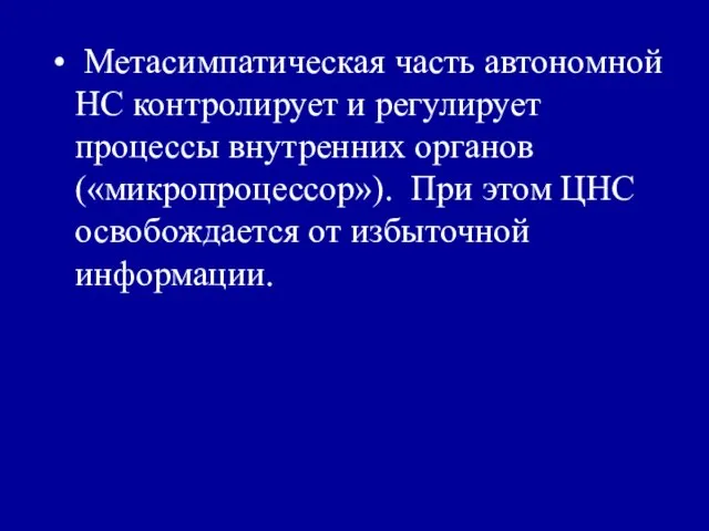 Метасимпатическая часть автономной НС контролирует и регулирует процессы внутренних органов («микропроцессор»). При