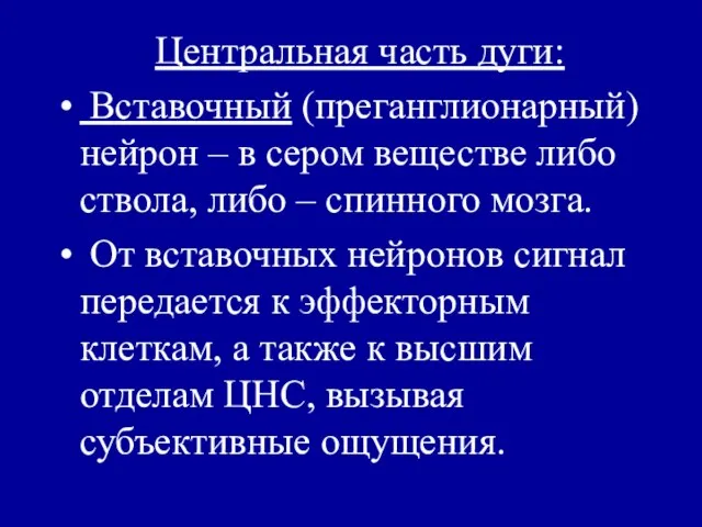 Центральная часть дуги: Вставочный (преганглионарный) нейрон – в сером веществе либо ствола,