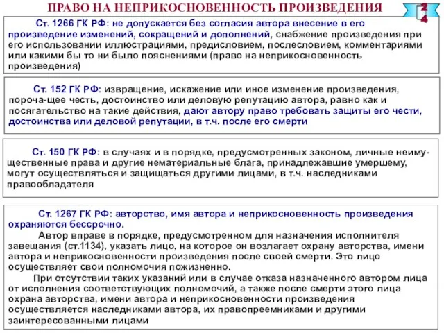 ПРАВО НА НЕПРИКОСНОВЕННОСТЬ ПРОИЗВЕДЕНИЯ Ст. 1266 ГК РФ: не допускается без согласия