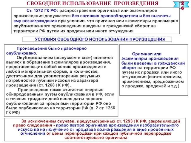 СВОБОДНОЕ ИСПОЛЬЗОВАНИЕ ПРОИЗВЕДЕНИЯ Ст. 1272 ГК РФ: распространение оригинала или экземпляров произведения