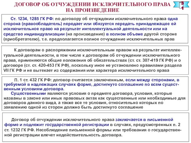 ДОГОВОР ОБ ОТЧУЖДЕНИИ ИСКЛЮЧИТЕЛЬНОГО ПРАВА НА ПРОИЗВЕДЕНИЕ Ст. 1234, 1285 ГК РФ: