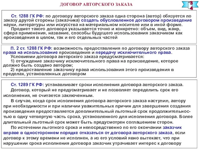 ДОГОВОР АВТОРСКОГО ЗАКАЗА Ст. 1288 ГК РФ: по договору авторского заказа одна