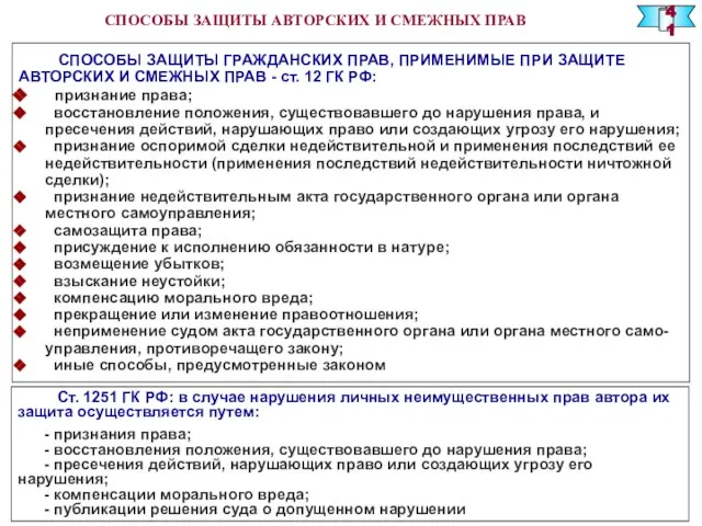 СПОСОБЫ ЗАЩИТЫ ГРАЖДАНСКИХ ПРАВ, ПРИМЕНИМЫЕ ПРИ ЗАЩИТЕ АВТОРСКИХ И СМЕЖНЫХ ПРАВ -