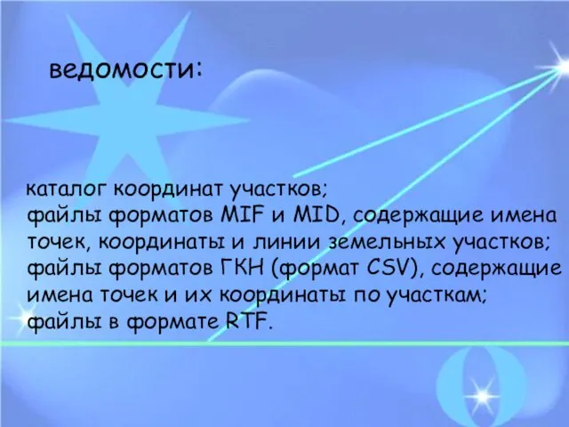 ведомости: каталог координат участков; файлы форматов MIF и MID, содержащие имена точек,