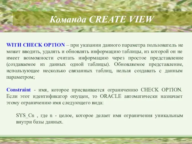 Команда CREATE VIEW WITH CHECK OPTION – при указании данного параметра пользователь