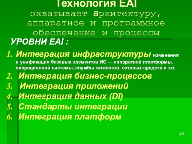 Технология EAI охватывает архитектуру, аппаратное и программное обеспечение и процессы УРОВНИ EAI