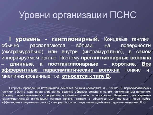 Уровни организации ПСНС I уровень - ганглионарный. Концевые ганглии обычно располагаются вблизи,