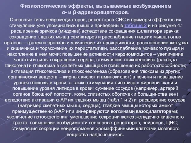 Физиологические эффекты, вызываемые возбуждением α- и β-адренорецепторов. Основные типы нейромедиаторов, рецепторов СНС