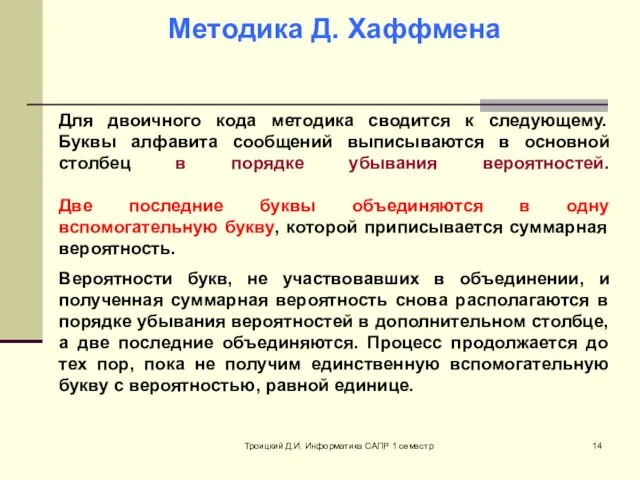 Троицкий Д.И. Информатика САПР 1 семестр Методика Д. Хаффмена Для двоичного кода