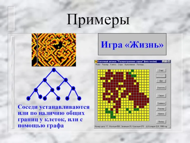 Примеры Игра «Жизнь» Соседи устанавливаются или по наличию общих границ у клеток, или с помощью графа