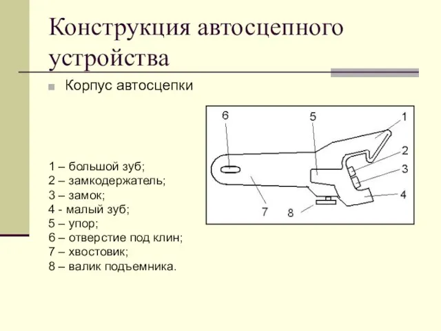 Конструкция автосцепного устройства Корпус автосцепки 1 – большой зуб; 2 – замкодержатель;