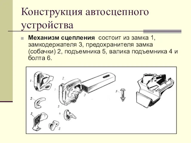 Конструкция автосцепного устройства Механизм сцепления состоит из замка 1, замкодержателя 3, предохранителя