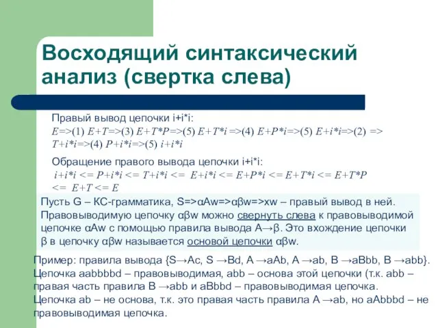 Восходящий синтаксический анализ (свертка слева) Правый вывод цепочки i+i*i: E=>(1) E+T=>(3) E+T*P=>(5)