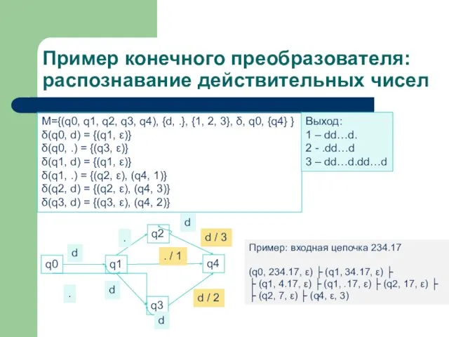 Пример конечного преобразователя: распознавание действительных чисел М={(q0, q1, q2, q3, q4), {d,