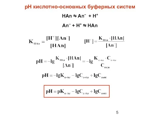 pH кислотно-основных буферных систем HAn ⇆ An− + H+ An− + H+ ⇆ НAn