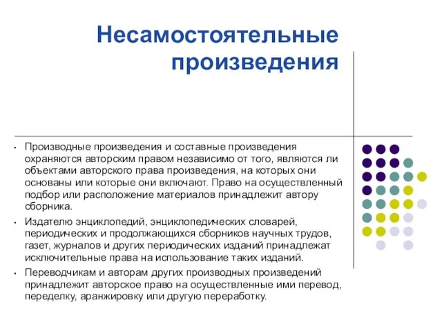 Несамостоятельные произведения Производные произведения и составные произведения охраняются авторским правом независимо от