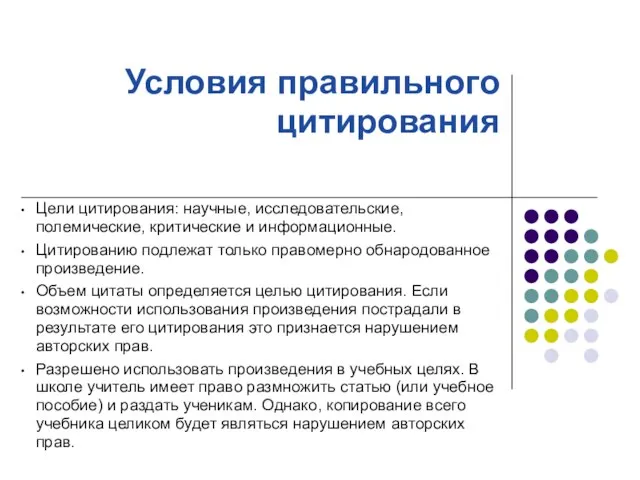 Условия правильного цитирования Цели цитирования: научные, исследовательские, полемические, критические и информационные. Цитированию