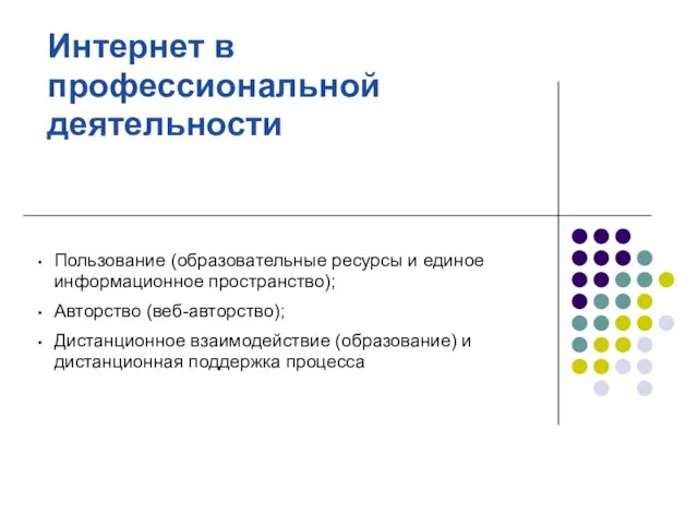 Интернет в профессиональной деятельности Пользование (образовательные ресурсы и единое информационное пространство); Авторство