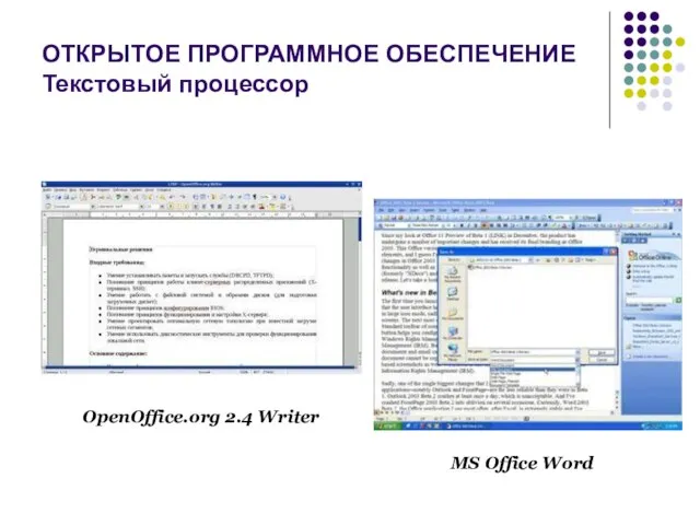 ОТКРЫТОЕ ПРОГРАММНОЕ ОБЕСПЕЧЕНИЕ Текстовый процессор OpenOffice.org 2.4 Writer MS Office Word