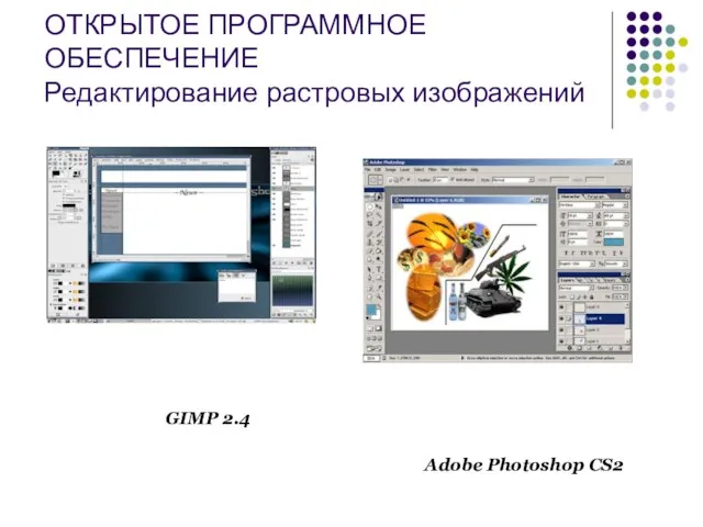 ОТКРЫТОЕ ПРОГРАММНОЕ ОБЕСПЕЧЕНИЕ Редактирование растровых изображений GIMP 2.4 Adobe Photoshop CS2