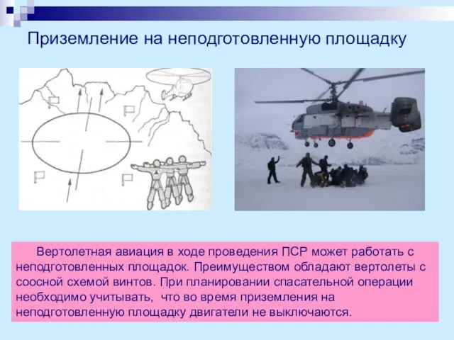 Приземление на неподготовленную площадку Вертолетная авиация в ходе проведения ПСР может работать