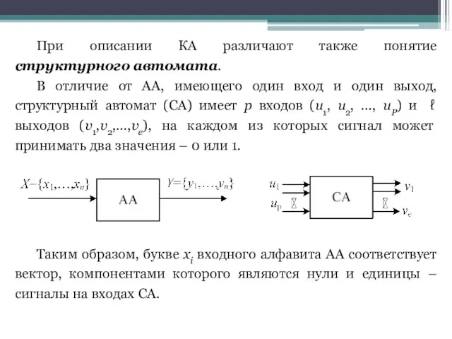 При описании КА различают также понятие структурного автомата. В отличие от АА,