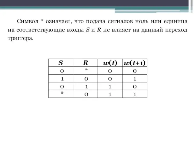 Символ * означает, что подача сигналов ноль или единица на соответствующие входы