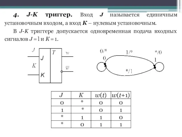 4. J-K триггер. Вход J называется единичным установочным входом, а вход К