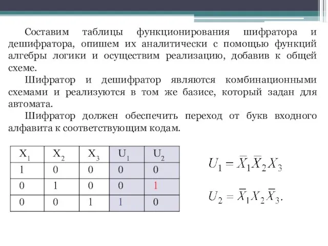 Составим таблицы функционирования шифратора и дешифратора, опишем их аналитически с помощью функций