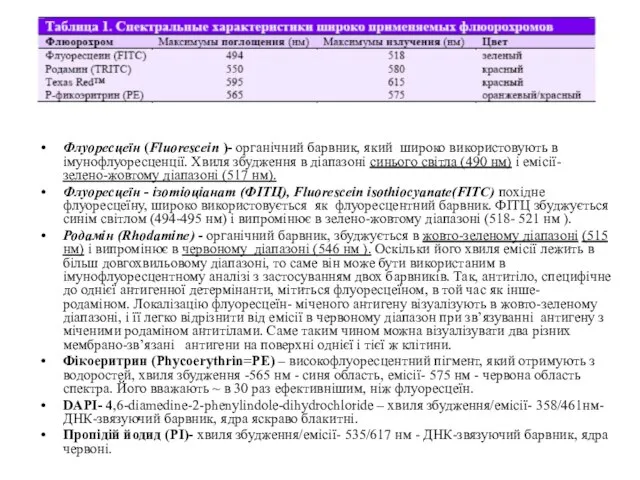 Флуоресцеїн (Fluorescein )- органічний барвник, який широко використовують в імунофлуоресценції. Хвиля збудження