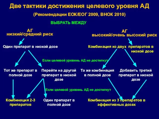 Две тактики достижения целевого уровня АД (Рекомендации ЕОК/ЕОГ 2009, ВНОК 2010) АГ