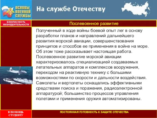 БЕЗОПАСНОСТЬ ЖИЗНЕДЕЯТЕЛЬНОСТИ Послевоенное развитие Полученный в ходе войны боевой опыт лег в