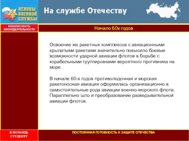 Начало 60х годов БЕЗОПАСНОСТЬ ЖИЗНЕДЕЯТЕЛЬНОСТИ Освоение же ракетных комплексов с авиационными крылатыми