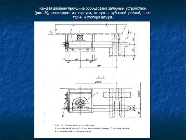 Каждая двойная проушина оборудована запорным устройством (рис.18), состоящим из корпуса, штыря с