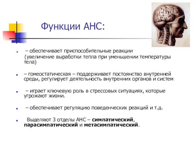 Функции АНС: – обеспечивает приспособительные реакции (увеличение выработки тепла при уменьшении температуры