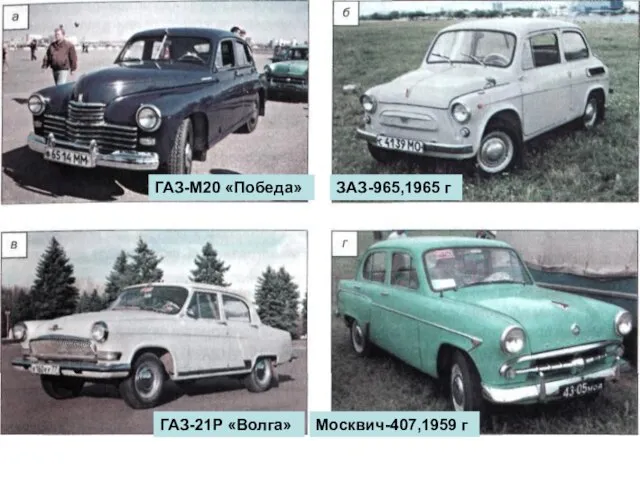 ГАЗ-М20 «Победа» ЗАЗ-965,1965 г ГАЗ-21Р «Волга» Москвич-407,1959 г