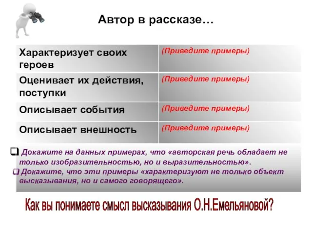 Автор в рассказе… Как вы понимаете смысл высказывания О.Н.Емельяновой?