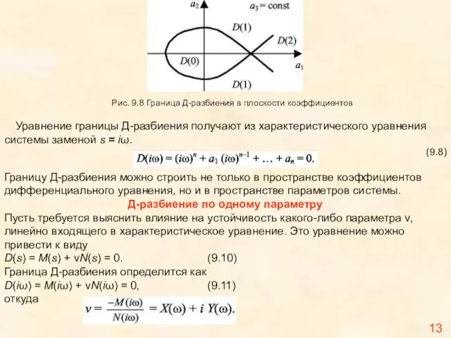 13 Рис. 9.8 Граница Д-разбиения в плоскости коэффициентов Уравнение границы Д-разбиения получают