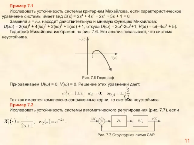11 Пример 7.1 Исследовать устойчивость системы критерием Михайлова, если характеристическое уравнение системы
