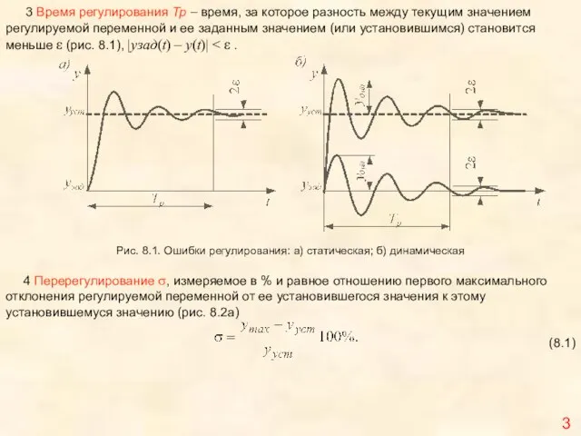 3 Рис. 8.1. Ошибки регулирования: а) статическая; б) динамическая 4 Перерегулирование σ,