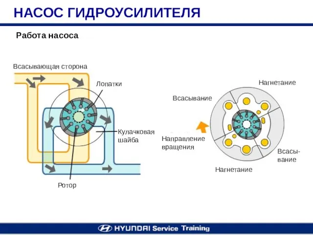 Работа насоса НАСОС ГИДРОУСИЛИТЕЛЯ Всасывающая сторона Лопатки Кулачковая шайба Ротор Нагнетание Всасывание