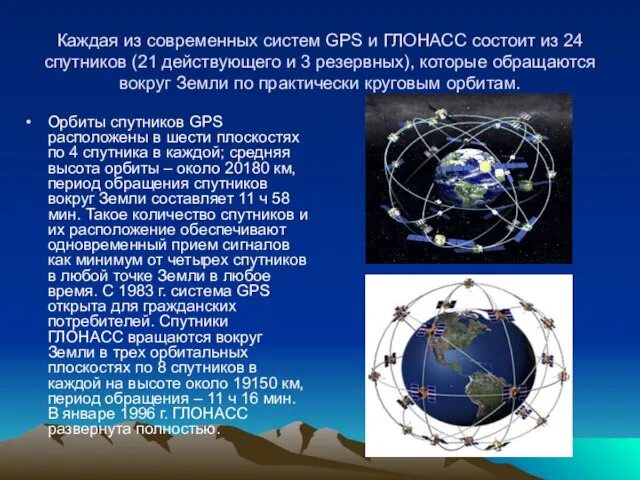 Каждая из современных систем GPS и ГЛОНАСС состоит из 24 спутников (21