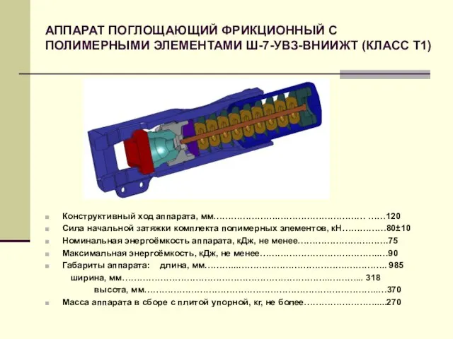 АППАРАТ ПОГЛОЩАЮЩИЙ ФРИКЦИОННЫЙ С ПОЛИМЕРНЫМИ ЭЛЕМЕНТАМИ Ш-7-УВЗ-ВНИИЖТ (КЛАСС Т1) Конструктивный ход аппарата,