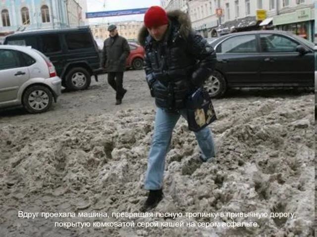 Вдруг проехала машина, превращая лесную тропинку в привычную дорогу, покрытую комковатой серой кашей на сером асфальте.