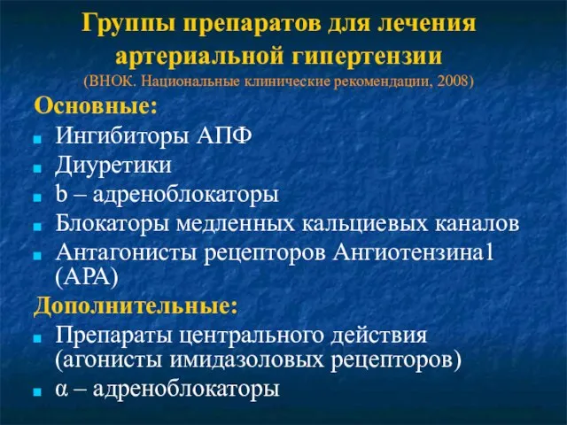 Группы препаратов для лечения артериальной гипертензии (ВНОК. Национальные клинические рекомендации, 2008) Основные: