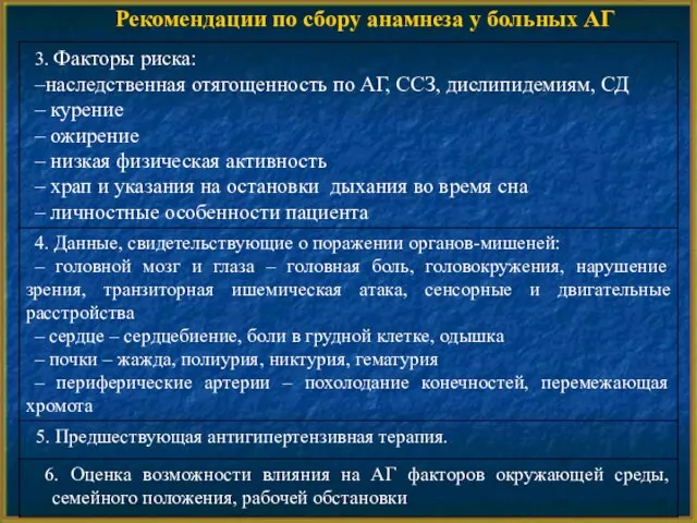 Рекомендации по сбору анамнеза у больных АГ